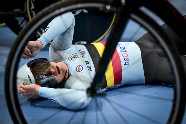 Belgian Runar De Schrijver pictured after the men s 1km Time Trial qualifying race on the second day of the 2026 UEC Track Elite European Championships, in Konya, Turkey, Monday 02 February 2026. The European Championships take place from 01 to 05 February 2026. DIRKxWAEM  x160454623x