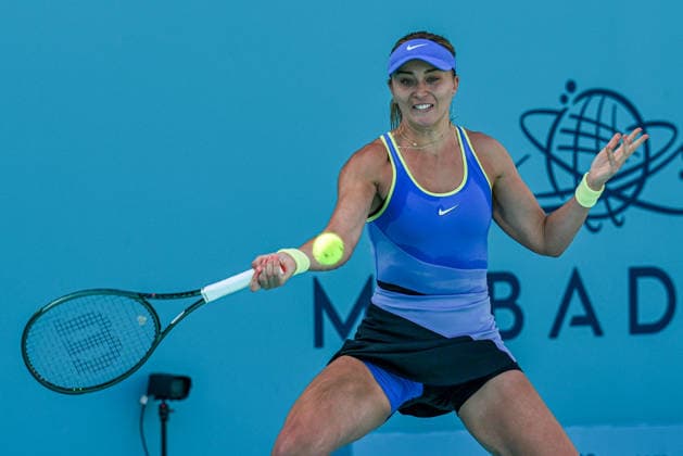 Mubadala Abu Dhabi Open ABU DHABI, UNITED ARAB EMIRATES - FEBRUARY 02: Spanish tennis player Paula Badosa Gibert is seen in action against Belarusian Aliaksandra Sasnovich (not seen) during the women’s singles match of the Mubadala Abu Dhabi Open at Zayed Sports City International Tennis Centre in Abu Dhabi, United Arab Emirates, on February 02, 2026. Waleed Zein Anadolu Abu Dhabi United Arab Emirates. Editorial use only. Please get in touch for any other usage.  Copyright: x2026xAnadoluxWaleedxZeinx