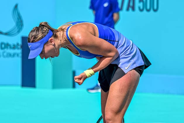 Mubadala Abu Dhabi Open ABU DHABI, UNITED ARAB EMIRATES - FEBRUARY 02: Spanish tennis player Paula Badosa Gibert is seen in action against Belarusian Aliaksandra Sasnovich (not seen) during the women’s singles match of the Mubadala Abu Dhabi Open at Zayed Sports City International Tennis Centre in Abu Dhabi, United Arab Emirates, on February 02, 2026. Waleed Zein Anadolu Abu Dhabi United Arab Emirates. Editorial use only. Please get in touch for any other usage.  Copyright: x2026xAnadoluxWaleedxZeinx