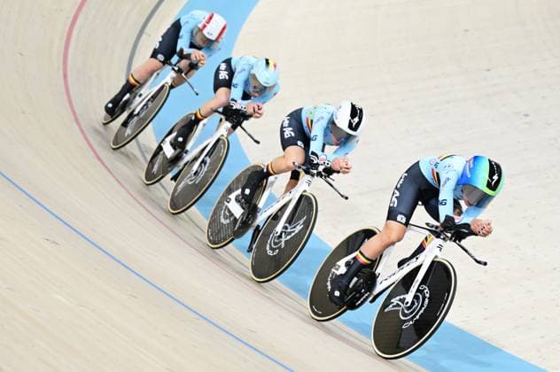 Belgian Shari Bossuyt, Belgian Luca Vierstraete, Belgian Helene Hesters and Belgian Katrijn De Clercq pictured in action during the women s Team Pursuit first round at the second day of the 2026 UEC Track Elite European Championships, in Konya, Turkey, Monday 02 February 2026. The European Championships take place from 01 to 05 February 2026. DIRKxWAEM  x160465704x