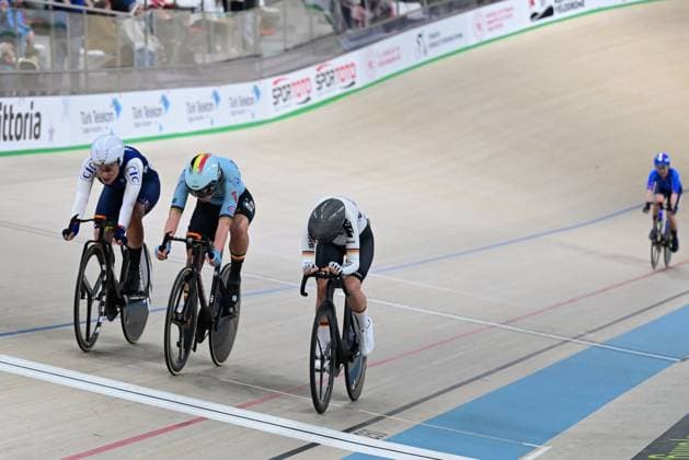 L-R, French Victoire Berteau, Belgian Lotte Kopecky and German Lea Lin Teutenberg pictured in action at the women s Elimination Race on the second day of the 2026 UEC Track Elite European Championships, in Konya, Turkey, Monday 02 February 2026. The European Championships take place from 01 to 05 February 2026. DIRKxWAEM  x160519612x