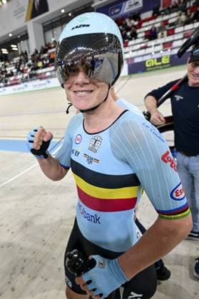 Belgian Lotte Kopecky celebrates as she won a gold medal on the second day of the 2026 UEC Track Elite European Championships, in Konya, Turkey, Monday 02 February 2026. The European Championships take place from 01 to 05 February 2026. DIRKxWAEM  x160520245x