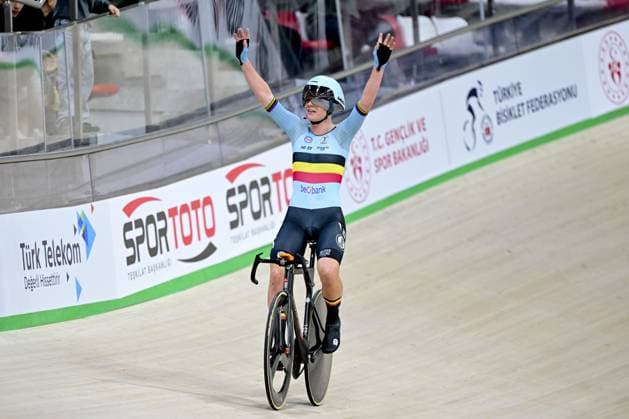 Belgian Lotte Kopecky celebrates after the finish line as she won a gold medal at the women s Elimination Race on the second day of the 2026 UEC Track Elite European Championships, in Konya, Turkey, Monday 02 February 2026. The European Championships take place from 01 to 05 February 2026. DIRKxWAEM  x160521032x