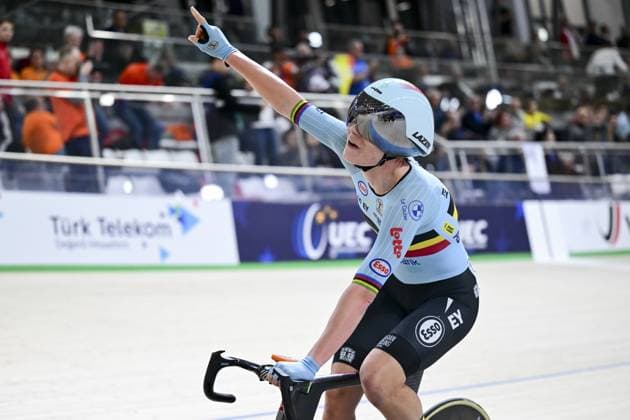 Belgian Lotte Kopecky celebrates after the finish line as she won a gold medal at the women s Elimination Race on the second day of the 2026 UEC Track Elite European Championships, in Konya, Turkey, Monday 02 February 2026. The European Championships take place from 01 to 05 February 2026. DIRKxWAEM  x160524634x