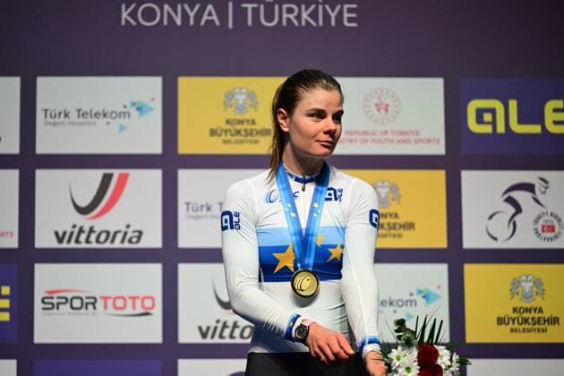 Winner Belgian Lotte Kopecky celebrates on the podium wearing the European champion jersey of the women s Elimination Race Event on the second day of the 2026 UEC Track Elite European Championships, in Konya, Turkey, Monday 02 February 2026. The European Championships take place from 01 to 05 February 2026. DIRKxWAEM  x160526790x