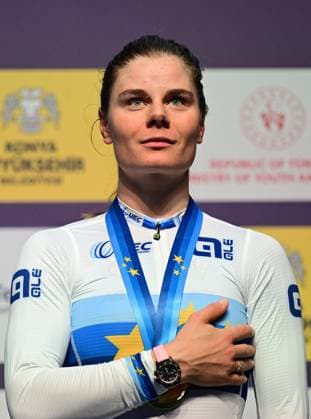 Winner Belgian Lotte Kopecky celebrates on the podium wearing the European champion jersey of the women s Elimination Race Event on the second day of the 2026 UEC Track Elite European Championships, in Konya, Turkey, Monday 02 February 2026. The European Championships take place from 01 to 05 February 2026. DIRKxWAEM  x160526813x