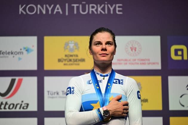 Winner Belgian Lotte Kopecky celebrates on the podium wearing the European champion jersey of the women s Elimination Race Event on the second day of the 2026 UEC Track Elite European Championships, in Konya, Turkey, Monday 02 February 2026. The European Championships take place from 01 to 05 February 2026. DIRKxWAEM  x160526829x