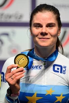 Winner Belgian Lotte Kopecky celebrates on the podium wearing the European champion jersey of the women s Elimination Race Event on the second day of the 2026 UEC Track Elite European Championships, in Konya, Turkey, Monday 02 February 2026. The European Championships take place from 01 to 05 February 2026. DIRKxWAEM  x160526997x