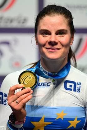 Winner Belgian Lotte Kopecky celebrates on the podium wearing the European champion jersey of the women s Elimination Race Event on the second day of the 2026 UEC Track Elite European Championships, in Konya, Turkey, Monday 02 February 2026. The European Championships take place from 01 to 05 February 2026. DIRKxWAEM  x160527069x