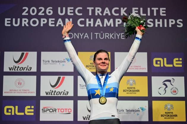 Winner Belgian Lotte Kopecky celebrates on the podium wearing the European champion jersey of the women s Elimination Race Event on the second day of the 2026 UEC Track Elite European Championships, in Konya, Turkey, Monday 02 February 2026. The European Championships take place from 01 to 05 February 2026. DIRKxWAEM  x160527281x