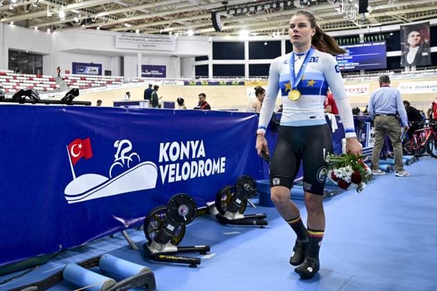 Winner Belgian Lotte Kopecky wearing the European champion jersey and her gold medal after the women s Elimination Race on the second day of the 2026 UEC Track Elite European Championships, in Konya, Turkey, Monday 02 February 2026. The European Championships take place from 01 to 05 February 2026. DIRKxWAEM  x160531329x