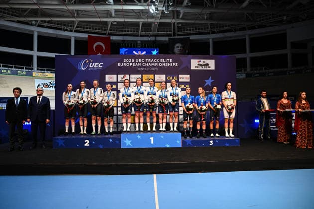 2026 UEC Track Elite European Championships Picture by Olly Hassell SWpix.com - 02 02 2026 - Cycling - 2026 UEC Track Elite European Championships - Konya Velodrome, Konya, Türkiye - Women™s Team Pursuit Podium - Kate Richardson (Great Britain), Katie Archibald (Great Britain), Millie Couzens (Great Britain), Anna Morris (Great Britain), Josie Knight (Great Britain) Win the Gold Medal to become European Champions, Mieke Kröger (Germany), Lisa Klein (Germany), Laura Süßemilch (Germany), Franziska Brauße (Germany) Silver Medalists and Elisa Balsamo (Italy), Letizia Paternoster (Italy), Federica Venturelli (Italy) and Linda Sanarini (Italy) Bronze Medalists Konya Konya Velodrome Türkiye Copyright: x xSWpix.comx(t axPhotographyxHubxLtd)xOllyxHassell SWpix.comx SWP-3177-0424