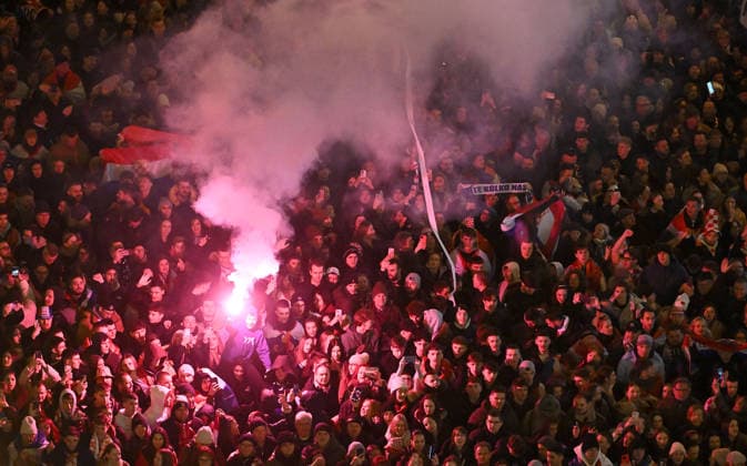 Ceremonial welcome for Croatian National Handball Team after winning bronze at the Men s EHF EURO 2026 Croatia fans light flares during ceremonial welcome for Croatia Handball Team at ban Jelacic Square in Zagreb, Croatia on February 2, 2026. Croatia won bronze medal at the 2026 EHF European Men s Handball Championship.  MarkoxLukunic PIXSELL