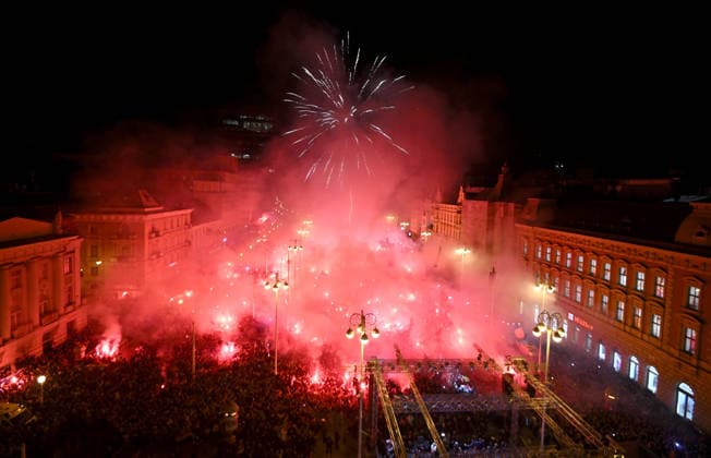 Ceremonial welcome for Croatian National Handball Team after winning bronze at the Men s EHF EURO 2026 Croatia fans light flares during ceremonial welcome for Croatia Handball Team at ban Jelacic Square in Zagreb, Croatia on February 2, 2026. Croatia won bronze medal at the 2026 EHF European Men s Handball Championship.  MarkoxLukunic PIXSELL