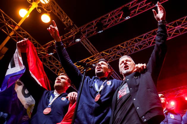 Ceremonial welcome for Croatian National Handball Team after winning bronze at the Men s EHF EURO 2026 David Mandic and Ivan Martinovic of Croatia sing with Marko Perkovic Thompson during ceremonial welcome for Croatia Handball Team at ban Jelacic Square in Zagreb, Croatia on February 2, 2026. Croatia won bronze medal at the 2026 EHF European Men s Handball Championship.  IgorxKralj PIXSELL