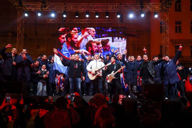Ceremonial welcome for Croatian National Handball Team after winning bronze at the Men s EHF EURO 2026 Croatia Handball Team celebrate with singer Marko Perkovic Thomspon during ceremonial welcome at ban Jelacic Square in Zagreb, Croatia on February 2, 2026. Croatia won bronze medal at the 2026 EHF European Men s Handball Championship.  IgorxKralj PIXSELL