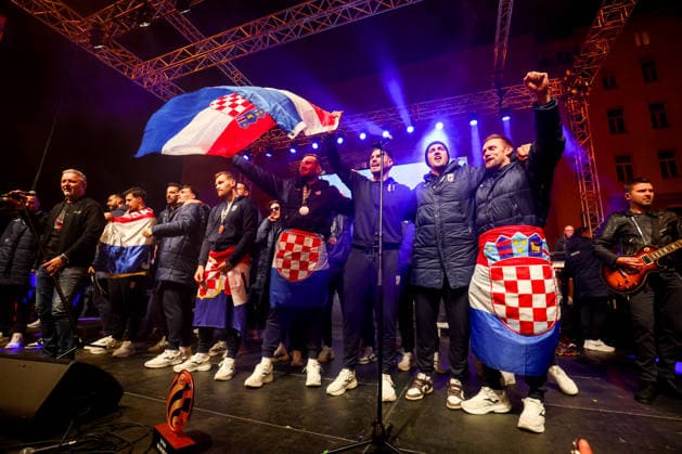 Ceremonial welcome for Croatian National Handball Team after winning bronze at the Men s EHF EURO 2026 Croatia Handball Team celebrate with singer Marko Perkovic Thomspon during ceremonial welcome at ban Jelacic Square in Zagreb, Croatia on February 2, 2026. Croatia won bronze medal at the 2026 EHF European Men s Handball Championship.  IgorxKralj PIXSELL