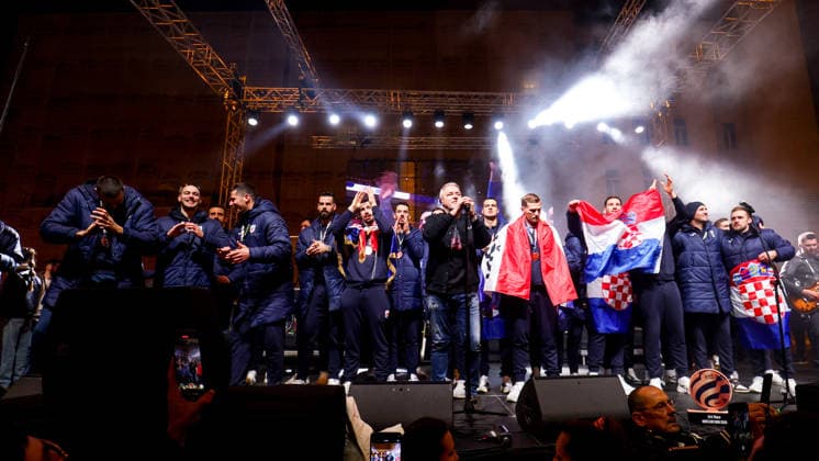 Ceremonial welcome for Croatian National Handball Team after winning bronze at the Men s EHF EURO 2026 Croatia Handball Team celebrate with singer Marko Perkovic Thomspon during ceremonial welcome at ban Jelacic Square in Zagreb, Croatia on February 2, 2026. Croatia won bronze medal at the 2026 EHF European Men s Handball Championship.  IgorxKralj PIXSELL