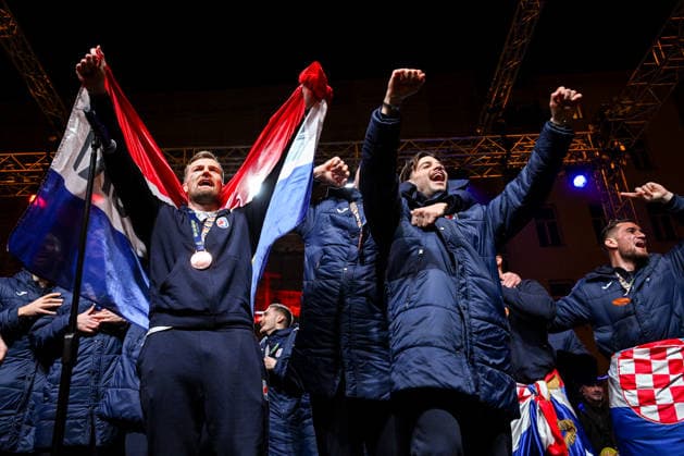 Ceremonial welcome for Croatian National Handball Team after winning bronze at the Men s EHF EURO 2026 David Mandic, Filip Glavas and Tin Lucin of Croatia during ceremonial welcome for Croatia Handball Team at ban Jelacic Square in Zagreb, Croatia on February 2, 2026. Croatia won bronze medal at the 2026 EHF European Men s Handball Championship.  DavorxPuklavec PIXSELL
