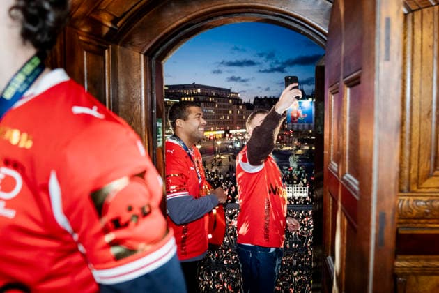 The Handball Men Honored at Copenhagen City Hall Mads Svane and Mads Mensah on the balcony at Copenhagen City Hall as Denmark s men s handball team is honored as European champions at Copenhagen City Hall on Monday, February 2, 2026 The team won gold at the European Handball Championship in Herning on Sunday and is invited to the city hall on this occasion, including for city hall pancakes Photo Sebastian Elias Uth Ritzau Scanpix , Denmark  Copyright: Ritzau Scanpix SebastianxEliasxUthx spdk20260202-192334-L