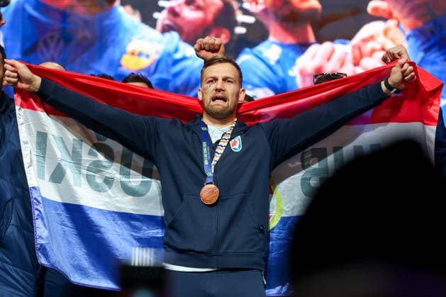 Ceremonial welcome for Croatian National Handball Team after winning bronze at the Men s EHF EURO 2026 David Mandic of Croatia during ceremonial welcome for Croatia Handball Team at ban Jelacic Square in Zagreb, Croatia on February 2, 2026. Croatia won bronze medal at the 2026 EHF European Men s Handball Championship.  IgorxKralj PIXSELL