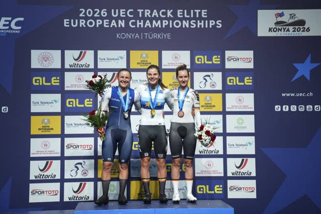 2026 UEC European Track cycling, Rad, Radsport, Bahnrad, Bahn Championships in Konya KONYA, TURKIYE - FEBRUARY 2: Belgian athlete Lotte Kopecky (C) came in first, French athlete Victoire Berteau (L) came in second, German athlete Lea Lin Teutenberg (R) are seen after competing women s elimination round during 2026 UEC Track Cycling European Championships at Konya Velodrome in Konya, Turkiye on February 2, 2026. Dilara Irem Sancar Anadolu Konya Turkey. Editorial use only. Please get in touch for any other usage.  Copyright: x2026xAnadoluxDilaraxIremxSancarx