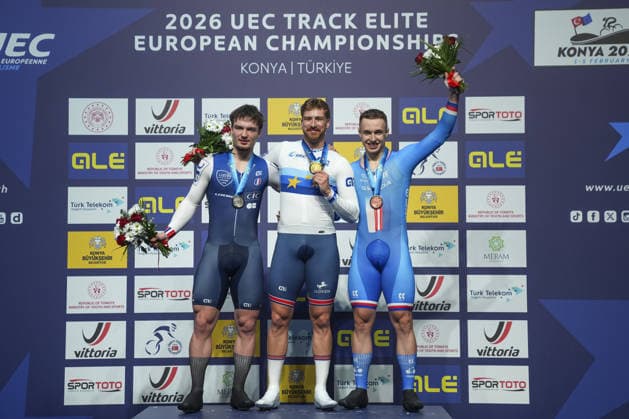 2026 UEC European Track cycling, Rad, Radsport, Bahnrad, Bahn Championships in Konya KONYA, TURKIYE - FEBRUARY 2: Joseph Truman of Great Britain (C) came first, French athlete Etienne Oliviero (L) came second, and David Peterka from the Czech Republic (R) came third are seen after competing men s time-trial during 2026 UEC Track Cycling European Championships at Konya Velodrome in Konya, Turkiye on February 2, 2026. Dilara Irem Sancar Anadolu Konya Turkey. Editorial use only. Please get in touch for any other usage.  Copyright: x2026xAnadoluxDilaraxIremxSancarx