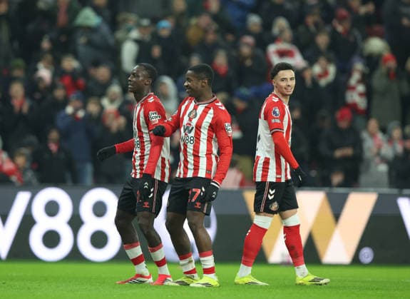 Sunderland, England, 2nd February 2026. Habib Diarra (L) of Sunderland celebrates scoring the second goal during the Sunderland vs Burnley Premier League match at the Stadium Of Light, Sunderland. Picture credit should read: Nigel Roddis Sportimage EDITORIAL USE ONLY. No use with unauthorised audio, video, data, fixture lists, club league logos or live services. Online in-match use limited to 120 images, no video emulation. No use in betting, games or single club league player publications. SPI_018_NR_SUND_BURN SPI-4506-0018