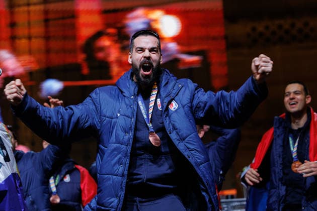 Zagreb, 02.02.2026. - The Croatian national handball team was welcomed at Ban Jelacic Square after winning the bronze medal at the European Championship, EM, Europameisterschaft Leon Susnja  260202_8236.jpg