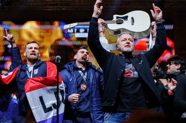 Zagreb, 02.02.2026. - The Croatian national handball team was welcomed at Ban Jelacic Square after winning the bronze medal at the European Championship, EM, Europameisterschaft Marko Perkovic Thompson  260202_9051.jpg