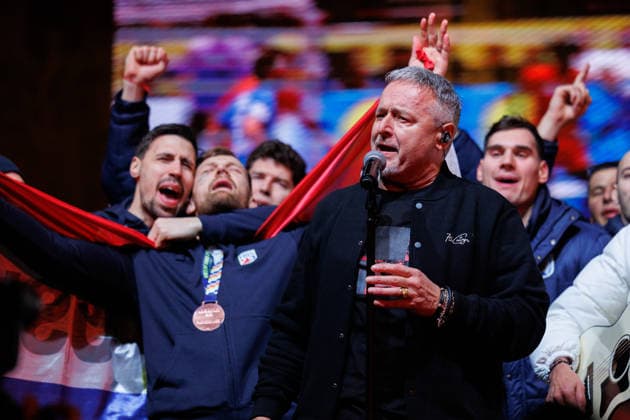 Zagreb, 02.02.2026. - The Croatian national handball team was welcomed at Ban Jelacic Square after winning the bronze medal at the European Championship, EM, Europameisterschaft Marko Perkovic Thompson  260202_9208.jpg