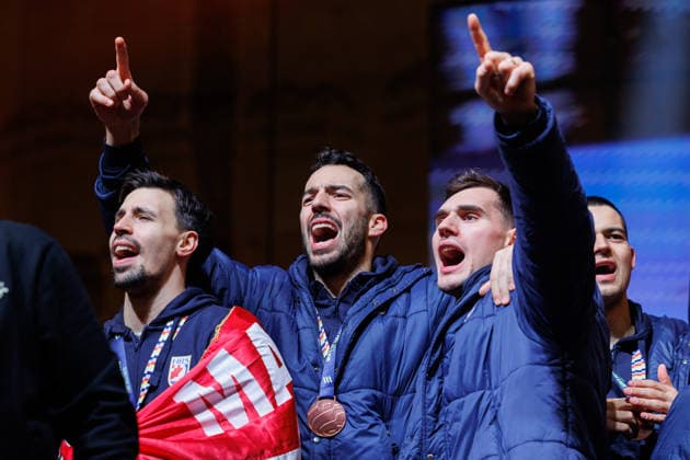 Zagreb, 02.02.2026. - The Croatian national handball team was welcomed at Ban Jelacic Square after winning the bronze medal at the European Championship, EM, Europameisterschaft Ivan Martinovic, Zvonimir Srna  260202_0244.jpg