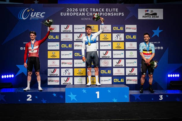 HAUGSTED Conrad, TEUTENBERG Tim Torn, DE BUYST Jasper UEC Track Cycling European Championships Konya 2026 HAUGSTED Conrad DEN Denmark Second Place TEUTENBERG Tim Torn GER Germany Winner First Place DE BUYST Jasper BEL Belgium Third Place Award Ceremony Medal Ceremony Podium Landscape horizontal Landscape Event Event UEC Track Cycling European Championships 2026 Category Category Category Cycling Track Cycling European Championships Location Location Asia Turkey Türkiye Konya Discipline Points Race Category Elite Men Distance 40 km Date Date 02 02 2026 Monday Day 2