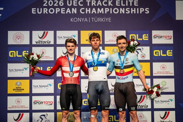 HAUGSTED Conrad, TEUTENBERG Tim Torn, DE BUYST Jasper UEC Track Cycling European Championships Konya 2026 HAUGSTED Conrad DEN Denmark Second Place TEUTENBERG Tim Torn GER Germany Winner First Place DE BUYST Jasper BEL Belgium Third Place Award Ceremony Medal Ceremony Podium Landscape horizontal Landscape Event Event UEC Track Cycling European Championships 2026 Category Category Category Cycling Track Cycling European Championships Location Location Asia Turkey Türkiye Konya Discipline Points Race Category Elite Men Distance 40 km Date Date 02 02 2026 Monday Day 2