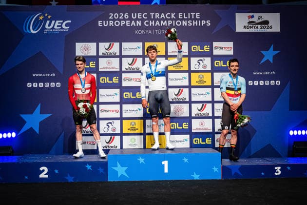 HAUGSTED Conrad, TEUTENBERG Tim Torn, DE BUYST Jasper UEC Track Cycling European Championships Konya 2026 HAUGSTED Conrad DEN Denmark Second Place TEUTENBERG Tim Torn GER Germany Winner First Place DE BUYST Jasper BEL Belgium Third Place Award Ceremony Medal Ceremony Podium Landscape horizontal Landscape Event Event UEC Track Cycling European Championships 2026 Category Category Category Cycling Track Cycling European Championships Location Location Asia Turkey Türkiye Konya Discipline Points Race Category Elite Men Distance 40 km Date Date 02 02 2026 Monday Day 2