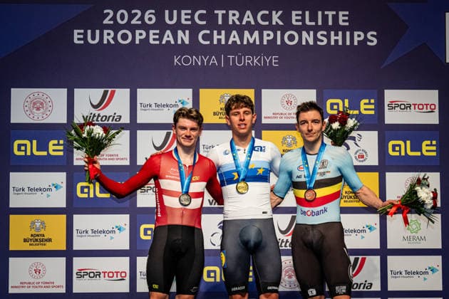 HAUGSTED Conrad, TEUTENBERG Tim Torn, DE BUYST Jasper UEC Track Cycling European Championships Konya 2026 HAUGSTED Conrad DEN Denmark Second Place TEUTENBERG Tim Torn GER Germany Winner First Place DE BUYST Jasper BEL Belgium Third Place Award Ceremony Medal Ceremony Podium Landscape horizontal Landscape Event Event UEC Track Cycling European Championships 2026 Category Category Category Cycling Track Cycling European Championships Location Location Asia Turkey Türkiye Konya Discipline Points Race Category Elite Men Distance 40 km Date Date 02 02 2026 Monday Day 2
