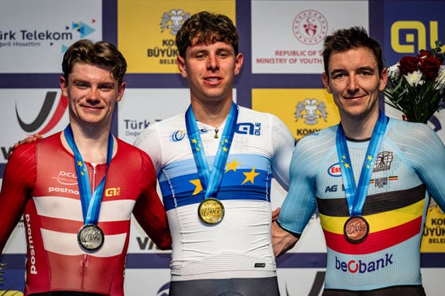 HAUGSTED Conrad, TEUTENBERG Tim Torn, DE BUYST Jasper UEC Track Cycling European Championships Konya 2026 HAUGSTED Conrad DEN Denmark Second Place TEUTENBERG Tim Torn GER Germany Winner First Place DE BUYST Jasper BEL Belgium Third Place Award Ceremony Medal Ceremony Podium Landscape horizontal Landscape Event Event UEC Track Cycling European Championships 2026 Category Category Category Cycling Track Cycling European Championships Location Location Asia Turkey Türkiye Konya Discipline Points Race Category Elite Men Distance 40 km Date Date 02 02 2026 Monday Day 2
