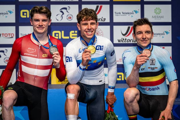 HAUGSTED Conrad, TEUTENBERG Tim Torn, DE BUYST Jasper UEC Track Cycling European Championships Konya 2026 HAUGSTED Conrad DEN Denmark Second Place TEUTENBERG Tim Torn GER Germany Winner First Place DE BUYST Jasper BEL Belgium Third Place Award Ceremony Medal Ceremony Podium Landscape horizontal Landscape Event Event UEC Track Cycling European Championships 2026 Category Category Category Cycling Track Cycling European Championships Location Location Asia Turkey Türkiye Konya Discipline Points Race Category Elite Men Distance 40 km Date Date 02 02 2026 Monday Day 2