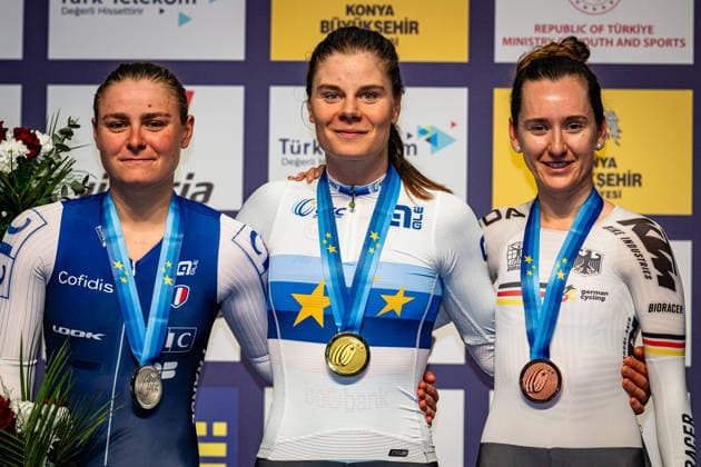 BERTEAU Victoire, KOPECKY Lotte, TEUTENBERG Lea Lin UEC Track Cycling European Championships Konya 2026 BERTEAU Victoire FRA France Second Place KOPECKY Lotte BEL Belgium Winner First Place TEUTENBERG Lea Lin GER Germany Third Place Award Ceremony Medal Ceremony Podium Landscape horizontal Landscape Event Event UEC Track Cycling European Championships 2026 Category Category Cycling Track Cycling European Championships Location Location Asia Turkey Türkiye Konya Discipline Elimination Race Category Elite Women Distance m Date Date 02 02 2026 Monday Day 2