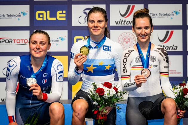 BERTEAU Victoire, KOPECKY Lotte, TEUTENBERG Lea Lin UEC Track Cycling European Championships Konya 2026 BERTEAU Victoire FRA France Second Place KOPECKY Lotte BEL Belgium Winner First Place TEUTENBERG Lea Lin GER Germany Third Place Award Ceremony Medal Ceremony Podium Landscape horizontal Landscape Event Event UEC Track Cycling European Championships 2026 Category Category Cycling Track Cycling European Championships Location Location Asia Turkey Türkiye Konya Discipline Elimination Race Category Elite Women Distance m Date Date 02 02 2026 Monday Day 2
