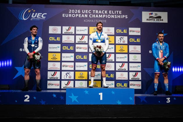 OLIVIERO Etienne, TRUMAN Joseph, PETERKA David UEC Track Cycling European Championships Konya 2026 OLIVIERO Etienne FRA France Second Place TRUMAN Joseph GBR Great Britain Winner First Place PETERKA David CZE Czech Republic Third Place Award Ceremony Medal Ceremony Podium Landscape horizontal Landscape Event Event UEC Track Cycling European Championships 2026 Category Category Cycling Track Cycling European Championships Location Location Asia Turkey Türkiye Konya Discipline Individual Time Trail Category Elite Men Distance 1000 m Date Date 02 02 2026 Monday Day 2