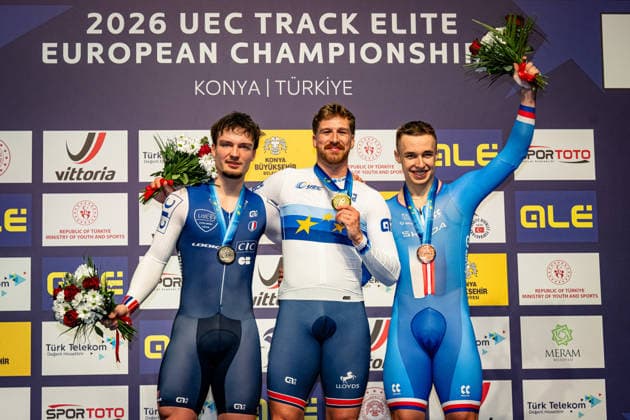 OLIVIERO Etienne, TRUMAN Joseph, PETERKA David UEC Track Cycling European Championships Konya 2026 OLIVIERO Etienne FRA France Second Place TRUMAN Joseph GBR Great Britain Winner First Place PETERKA David CZE Czech Republic Third Place Award Ceremony Medal Ceremony Podium Landscape horizontal Landscape Event Event UEC Track Cycling European Championships 2026 Category Category Cycling Track Cycling European Championships Location Location Asia Turkey Türkiye Konya Discipline Individual Time Trail Category Elite Men Distance 1000 m Date Date 02 02 2026 Monday Day 2