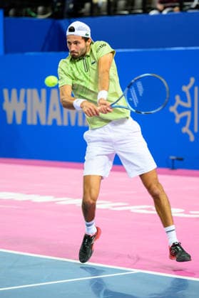 February 2, 2026, Perols, Montpellier, Occitanie, France: Titouan Droguet of France delivers a back hand shot during his match against Ugo Blanchet of France at Open dÃ¢â‚¬â ¢Occitanie on February 2, 2026, at Sud de France Arena in Montpellier, France. Perols, Montpellier France - ZUMAc313 20260202_zsp_c313_004 Copyright: xFaresxChafaix