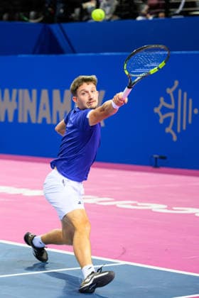 February 2, 2026, Perols, Montpellier, Occitanie, France: Ugo Blanchet of France delivers a back hand shot during his match against Titouan DROGUET of France at Open dÃ¢â‚¬â ¢Occitanie on February 2, 2026, at Sud de France Arena in Montpellier, France. Perols, Montpellier France - ZUMAc313 20260202_zsp_c313_003 Copyright: xFaresxChafaix