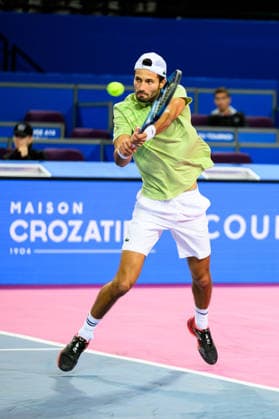 February 2, 2026, Perols, Montpellier, Occitanie, France: Titouan Droguet of France delivers a back hand shot during his match against Ugo Blanchet of France at Open dÃ¢â‚¬â ¢Occitanie on February 2, 2026, at Sud de France Arena in Montpellier, France. Perols, Montpellier France - ZUMAc313 20260202_zsp_c313_008 Copyright: xFaresxChafaix