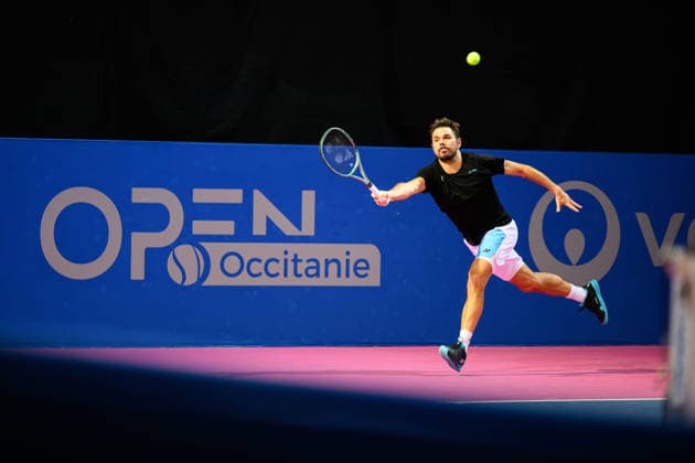February 2, 2026, Perols, Montpellier, Occitanie, France: Stanislas Wawrinka of Switzerland delivers a right hand shot during his warm-up at Open dÃ¢â‚¬â ¢Occitanie on February 2, 2026, at Sud de France Arena in Montpellier, France. Perols, Montpellier France - ZUMAc313 20260202_zsp_c313_009 Copyright: xFaresxChafaix