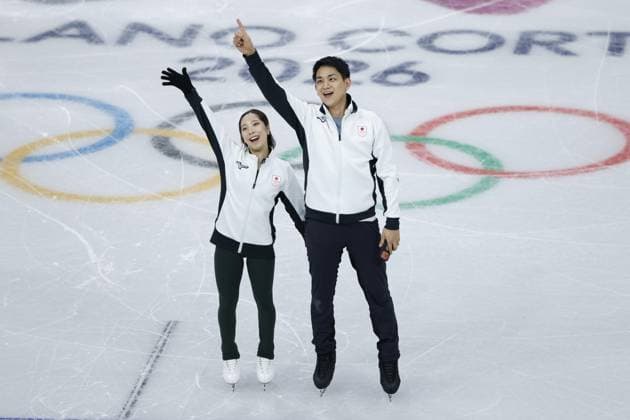Milan Cortina Winter Olympics Japanese pair Riku Miura (L) and Ryuichi Kihara take part in an official training session for Figure skating, Eiskunstlauf in Milan on Feb. 2, 2026, ahead of the upcoming Milan Cortina Winter Olympics.  A14AA0005241360P