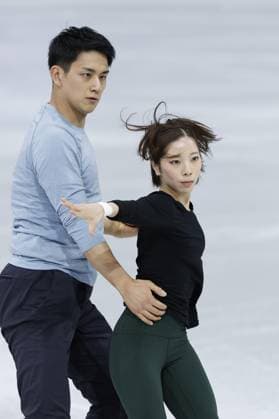 Milan Cortina Winter Olympics Japanese pair Riku Miura (R) and Ryuichi Kihara take part in an official training session for Figure skating, Eiskunstlauf in Milan on Feb. 2, 2026, ahead of the upcoming Milan Cortina Winter Olympics.  A14AA0005241362P