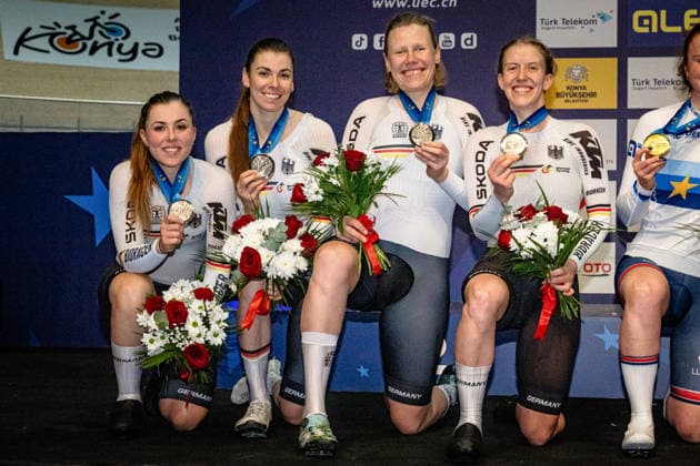 KLEIN Lisa, SÜßEMILCH Laura, KRÖGER Mieke, BRAUßE Franziska UEC Track Cycling European Championships Konya 2026 KLEIN Lisa SÜßEMILCH Laura KRÖGER Mieke BRAUßE Franziska GER Germany Second Place Award Ceremony Medal Ceremony Podium Landscape horizontal Landscape Event Event UEC Track Cycling European Championships 2026 Category Category Cycling Track Cycling European Championships Location Location Asia Turkey Türkiye Konya Discipline Team Pursuit Category Elite Women Distance 4000 m Date Date 02 02 2026 Monday Day 2