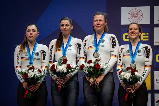 KLEIN Lisa, SÜßEMILCH Laura, KRÖGER Mieke, BRAUßE Franziska UEC Track Cycling European Championships Konya 2026 KLEIN Lisa SÜßEMILCH Laura KRÖGER Mieke BRAUßE Franziska GER Germany Second Place Award Ceremony Medal Ceremony Podium Landscape horizontal Landscape Event Event UEC Track Cycling European Championships 2026 Category Category Cycling Track Cycling European Championships Location Location Asia Turkey Türkiye Konya Discipline Team Pursuit Category Elite Women Distance 4000 m Date Date 02 02 2026 Monday Day 2